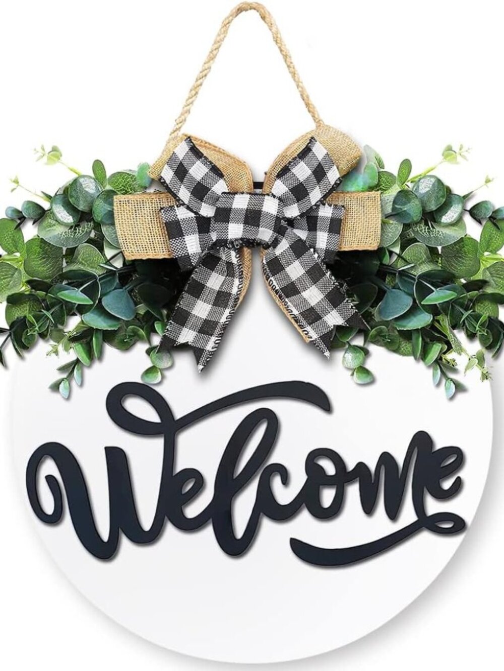 White Welcome Sign for Front Door, 12 Inch Round Wood Wreath